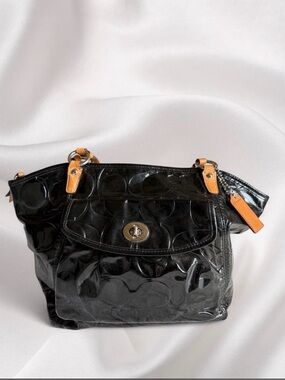 Coach Black Patent Shoulder Bag with Tan Accents